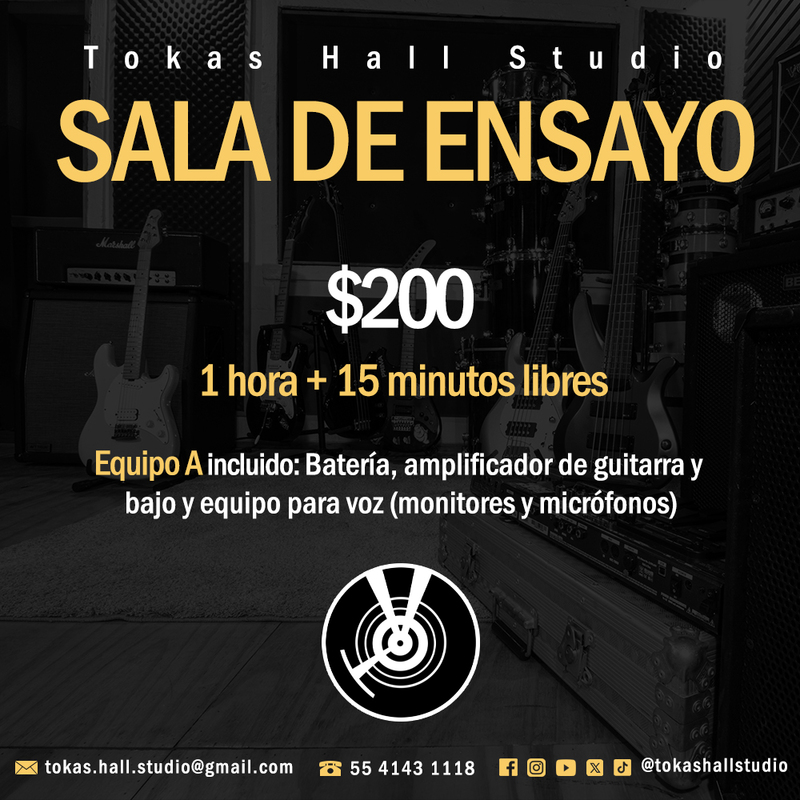 Sala de ensayo: $200 por 1 hora (más 15 minutos libres). Equipo incluido.